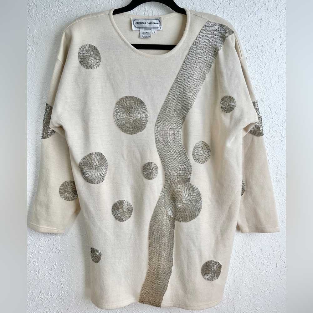 Adrienne Vittadini Vintage 80s Funky Fun Retro Beaded Sweater Size Medium Ivory